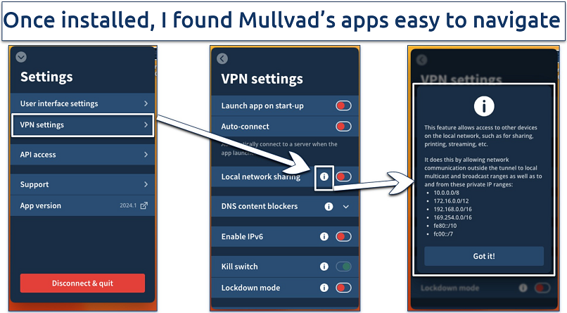 Mullvad's app settings displaying how to use its Local network sharing feature