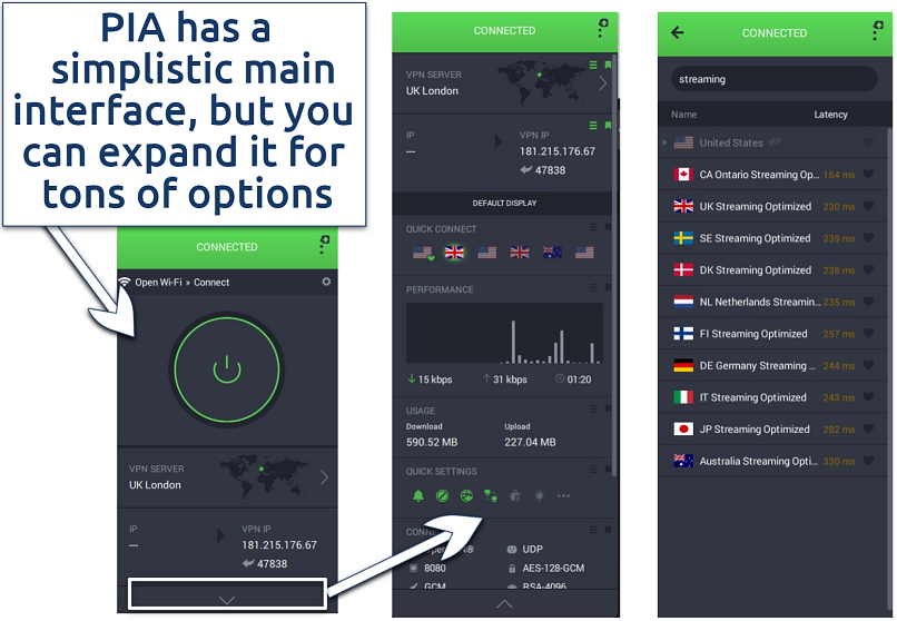 PIA's Windows app displaying different options, including streaming servers and Quick Settings