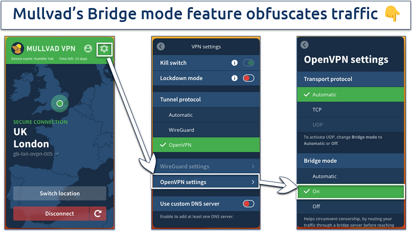 A display of Mullvad's security settings within its app, showing where to enable Bridge mode