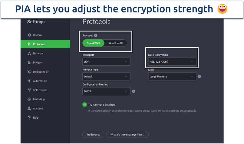 PIA's settings displaying the options to change protocols and encryption settings