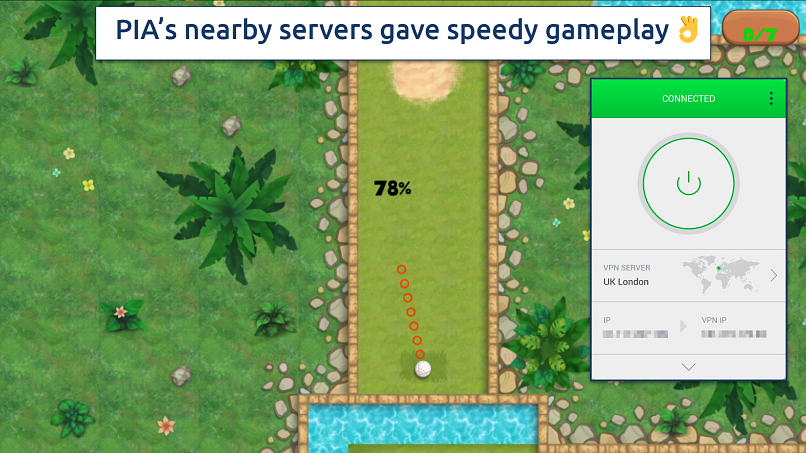 Screenshot of the PIA app over an online golf game