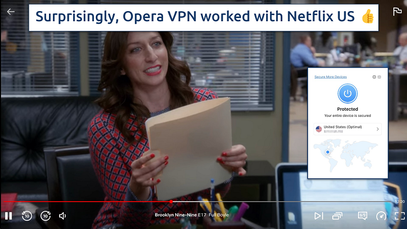 Opera VPN Pro connected to a US server while streaming Netflix US