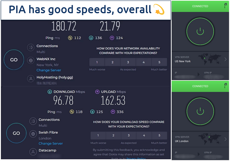 Speed test images of Private Internet Access servers in the US and the UK