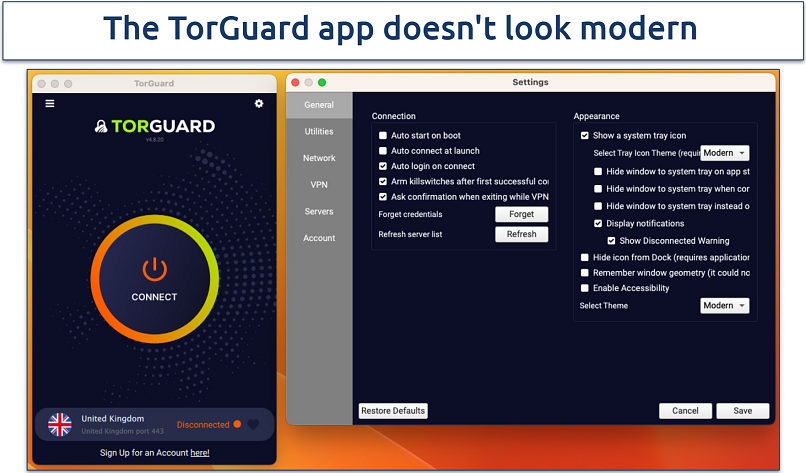 Screenshot of the TorGuard app interface