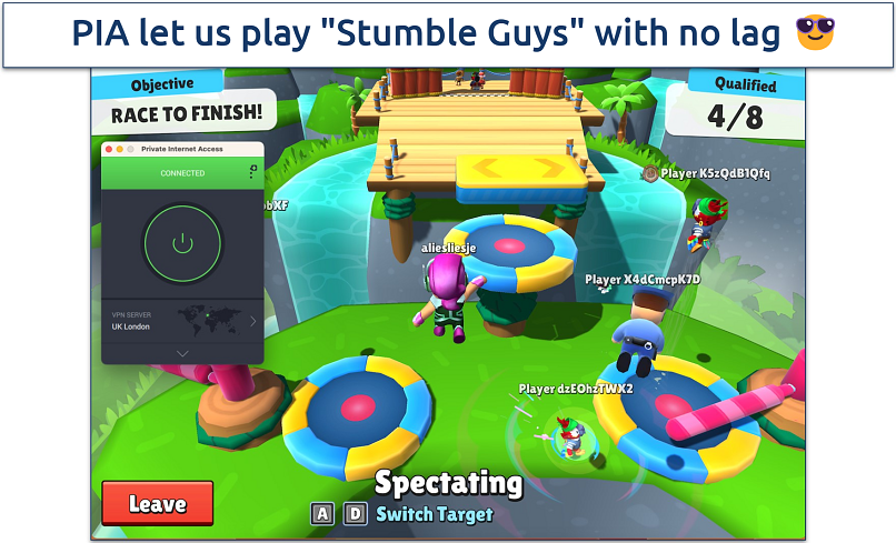 Screenshot of the game Stumble Guys with the PIA app connected to a UK server