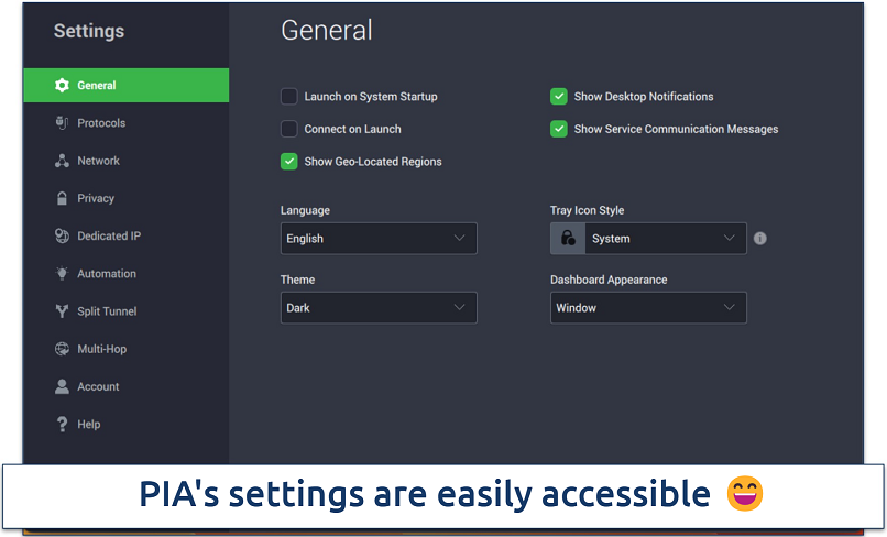 Screenshot of PIA's settings menu