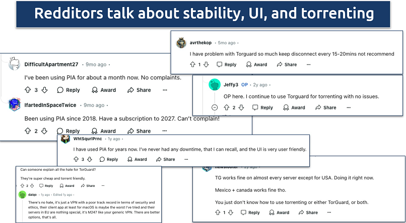 Screenshot of various Reddit threads on PIA and TorGuard