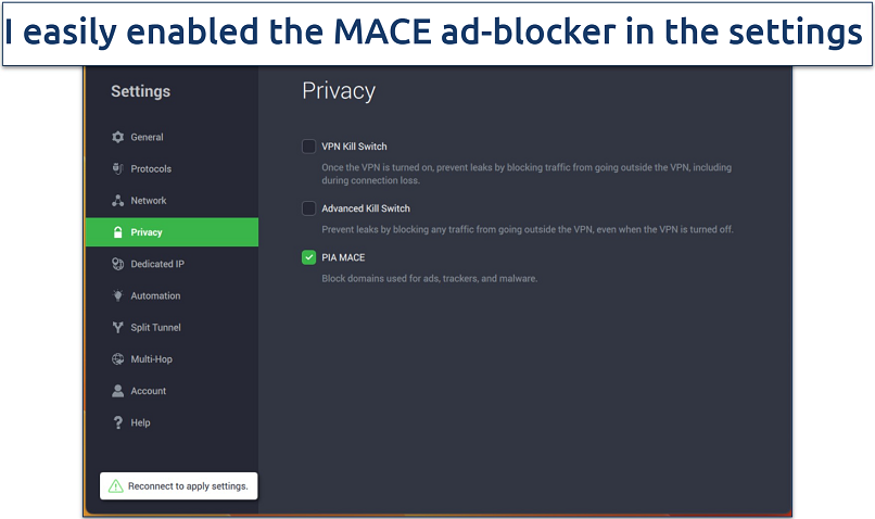 Screenshot of the PIA MACE adblocker in the settings