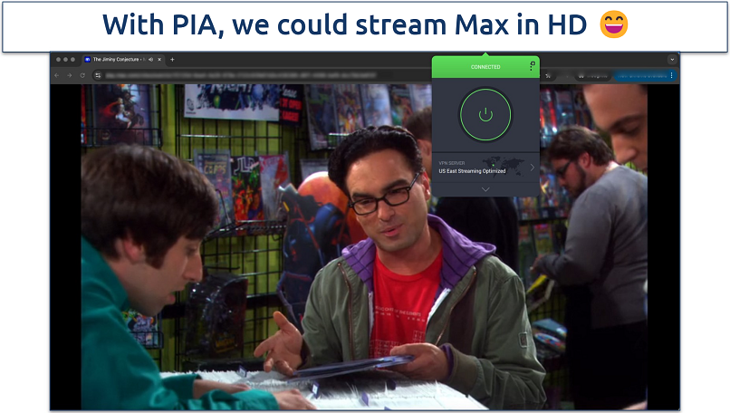 Screenshot of the PIA app with Max in the background