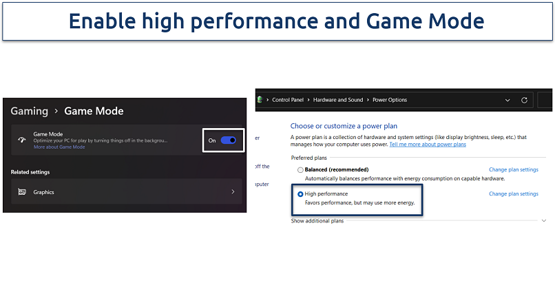  Screenshot showing power and game mode settings in Windows