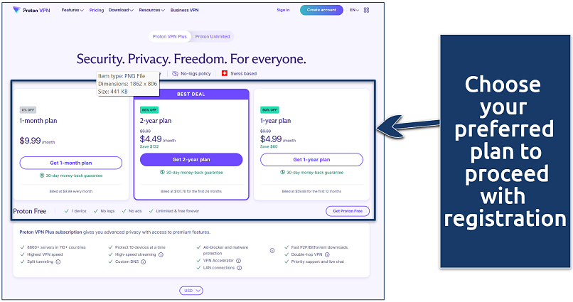 A screenshot showing Proton VPN's subscription plans page