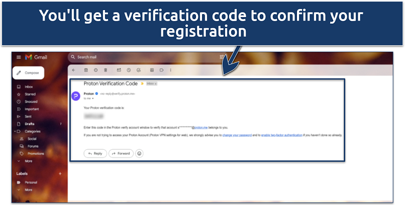 A screenshot showing Proton VPN's account verification code