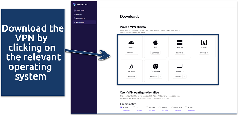 A screenshot showing Proton VPN's device download options