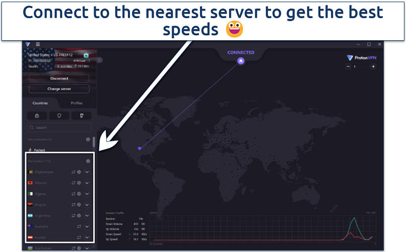 A screenshot showing Proton VPN's server selection interface