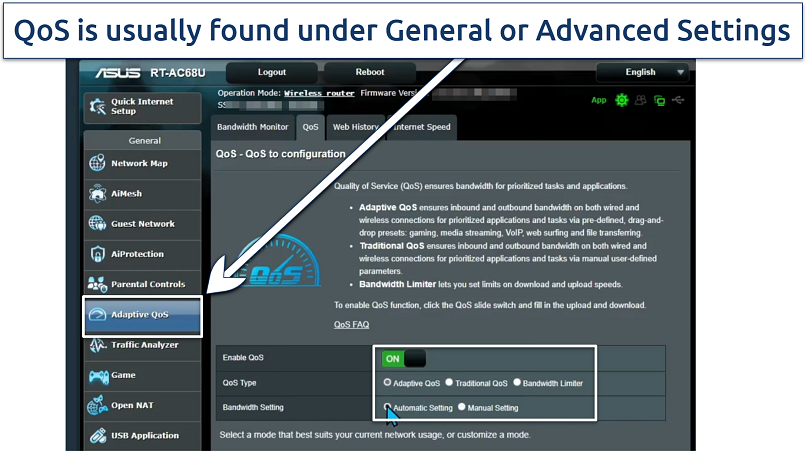 Screenshot showing how to enable QoS for gaming