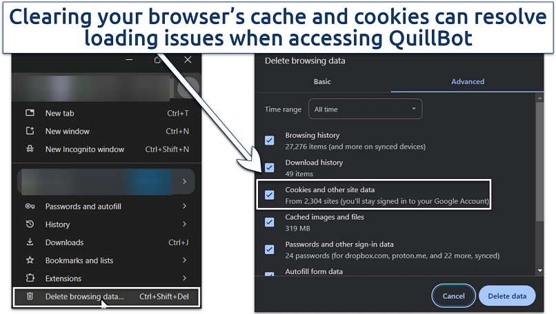 Screenshot showing cookies data deletion in Chrome