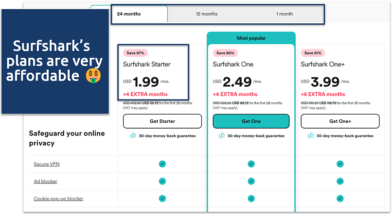 Screenshot of Surfshark's pricing page