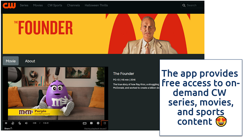 Screenshot showing the CW with the movie The Founder