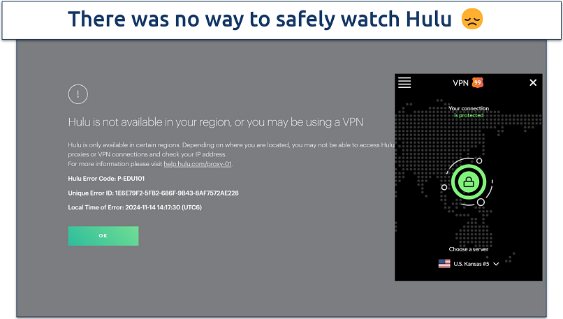 Screenshot of an error screen on Hulu while connected to VPN99's Kansas server