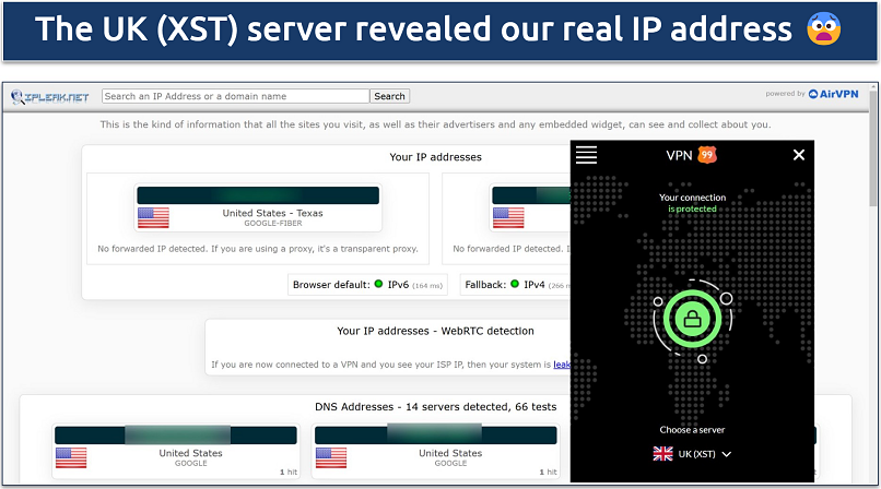 Screenshot of a leak test performed on ipleak.net with VPN99's UK (XST) server where our true IP is revealed