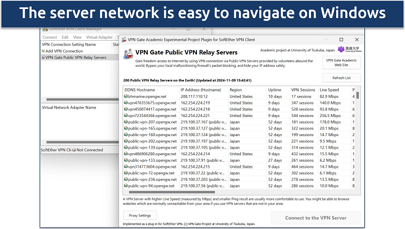 Screenshot of VPN Gate's Windows app highlighting the server list 