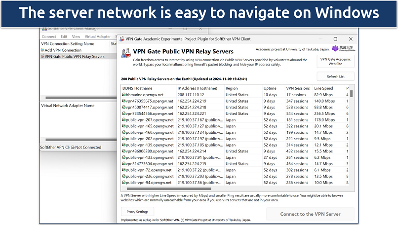 Screenshot of VPN Gate's Windows app highlighting the server list