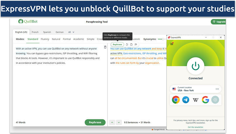 Screenshot showing QuillBot launched with ExpressVPN