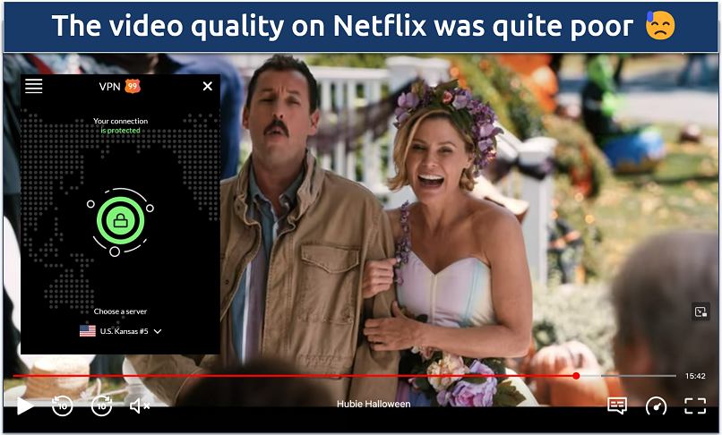 Screenshot of Netflix player streaming Hubie Halloween while connected to VPN99's Kansas server