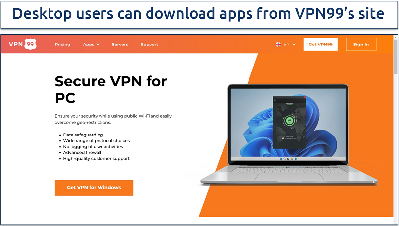 Screenshot of VPN99's download page highlighting its Windows app 