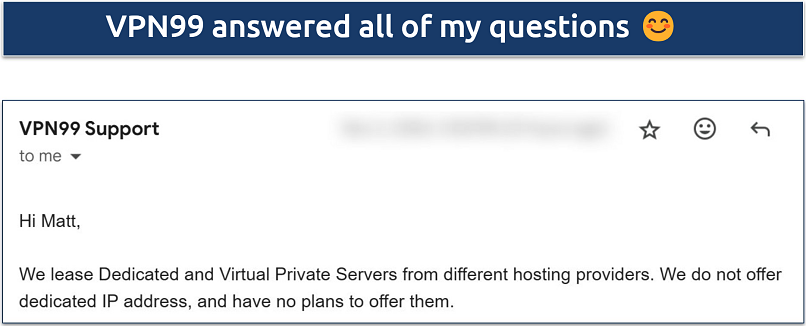 Screenshot of an email response from VPN99 where they answer questions about its server network