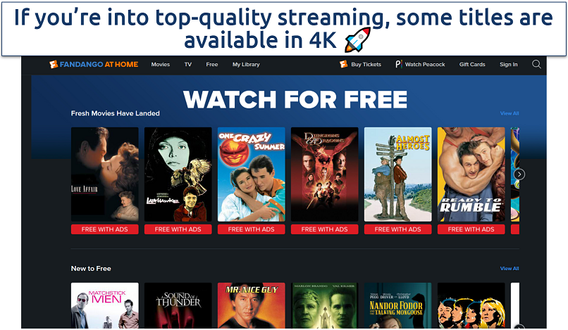 Screenshot showing Vudu Fandango homepage