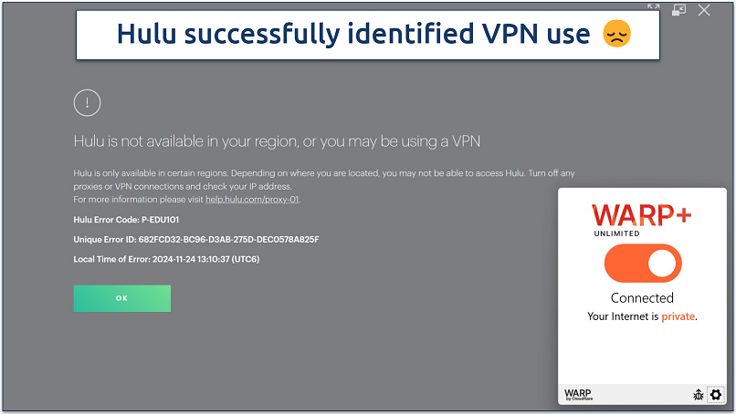 A screenshot showing that Cloudflare WARP doesn't work with Hulu
