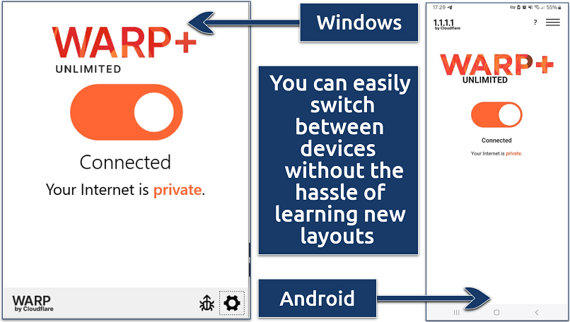 A screenshot showing WARP's home screen on the Windows and Android and apps