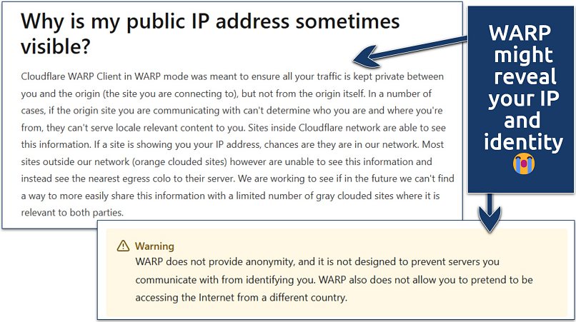 Two screenshots showing Cloudflare confirming that WARP might reveal your IP and online identity