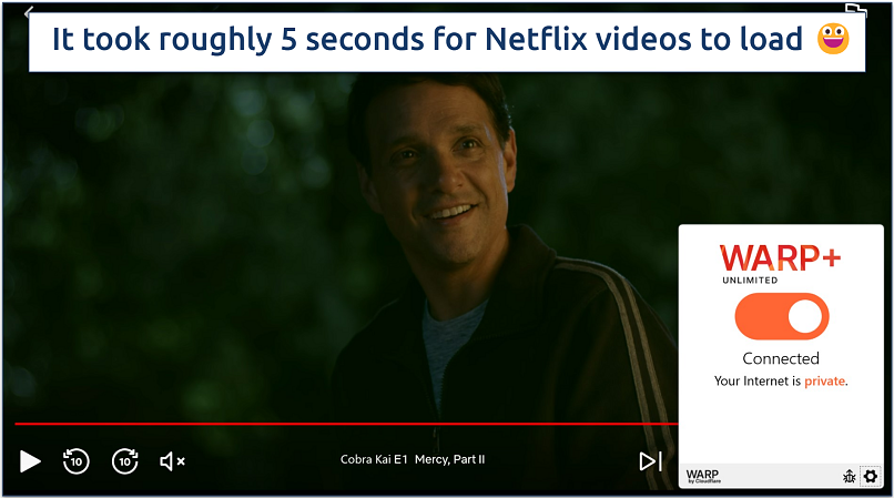 A screenshot of Netflix streaming Cobra Kai while connected to WARP+