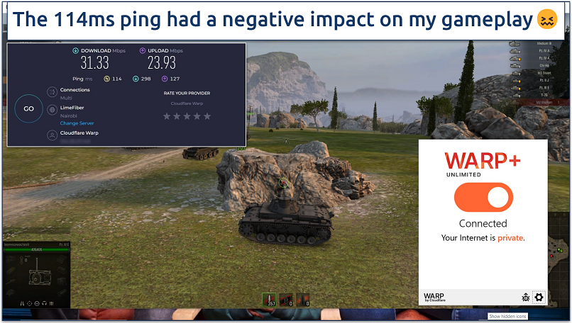 A screenshot showing playing World of Tanks while connected to Cloudflare WARP+