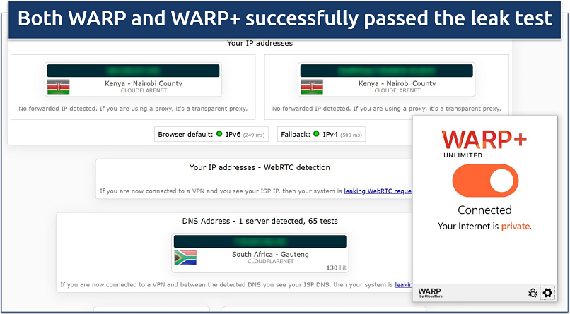 A screenshot showing Cloudflare WARP passed DNS, IP leak, and WebRTC tests