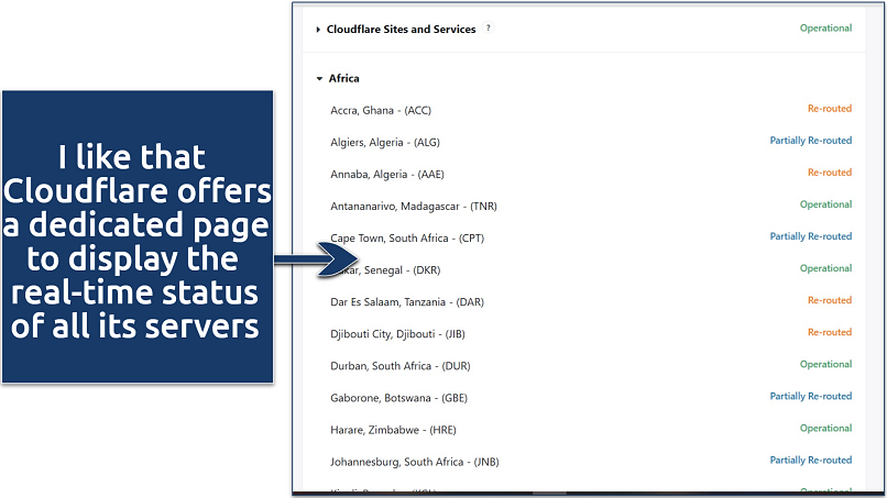 A screenshot showing a page on Cloudflare's website that shows the real-time status of all its servers