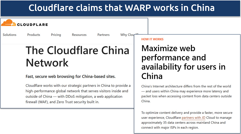 Two screenshots showing Cloudflare confirming that the VPN work in China