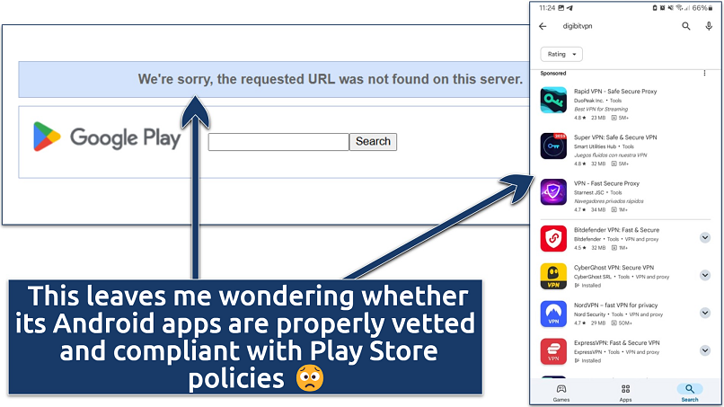 creenshot showing that DigibitVPN's Android app isn't currently available.