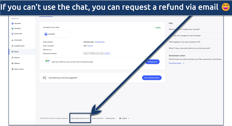 Screenshot of the NordVPN user account and customer support email address