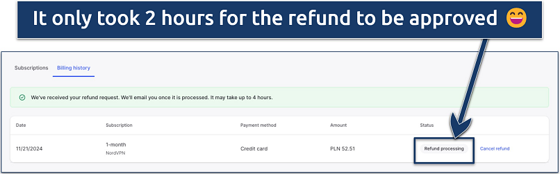 Screenshot of the NordVPN personal dashboard with the Refund processing message