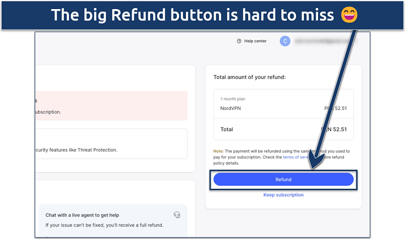 Screenshot of the last step of the refund request process in the NordVPN app