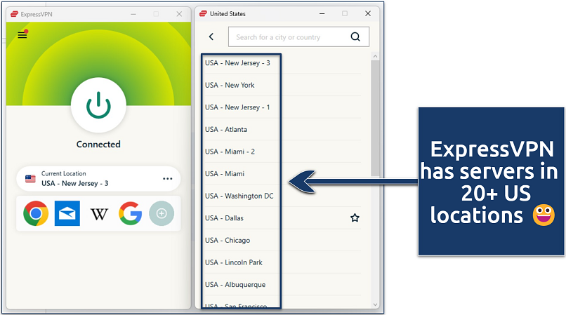 A screenshot showing some of  ExpressVPN's US servers