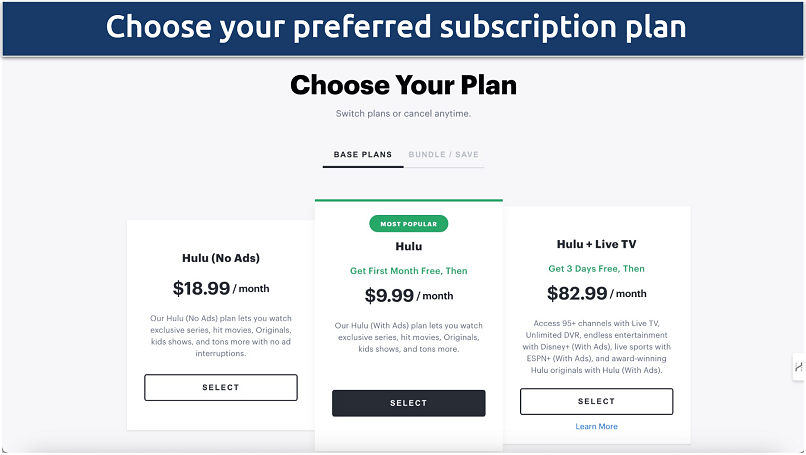 A screenshot showing current Hulu plans