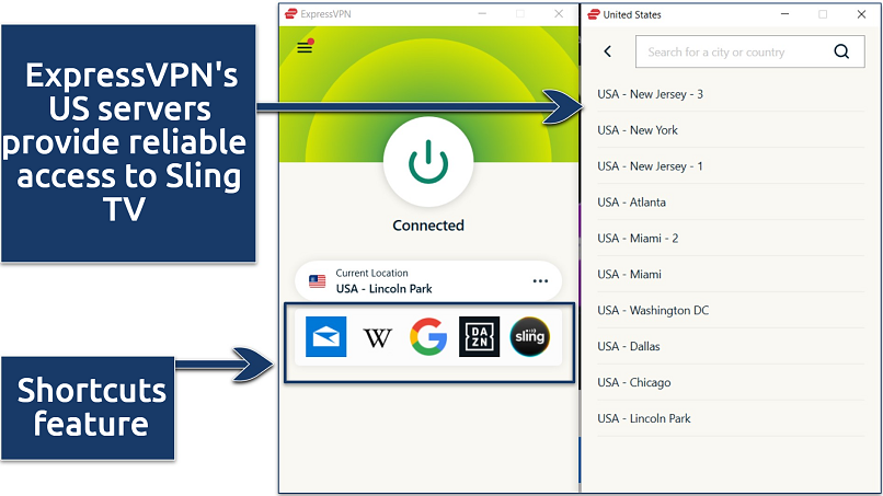 Screenshot of ExpressVPN's Windows app connected to Lincoln Park, USA server