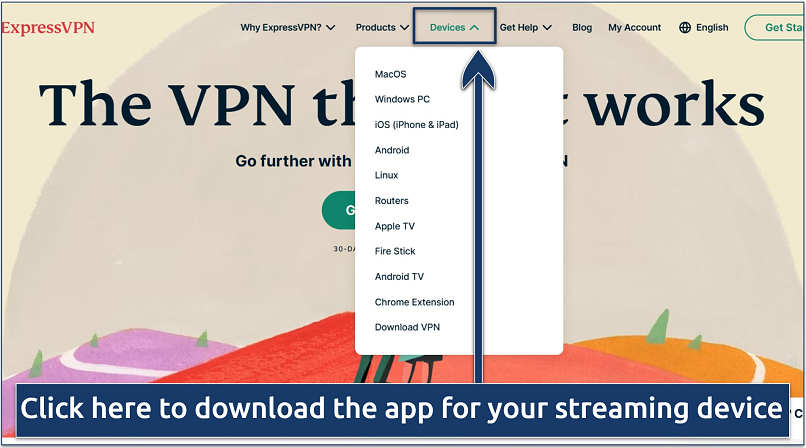 Screenshot of ExpressVPN's website showing its download page