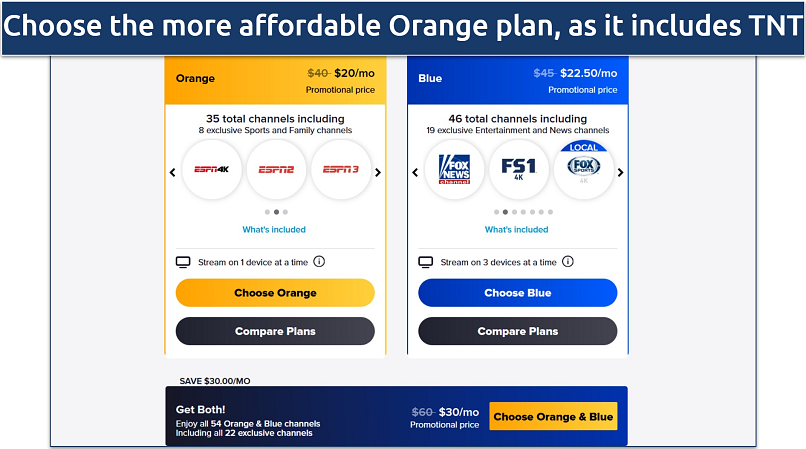 Screenshot of the Sling TV subscription page