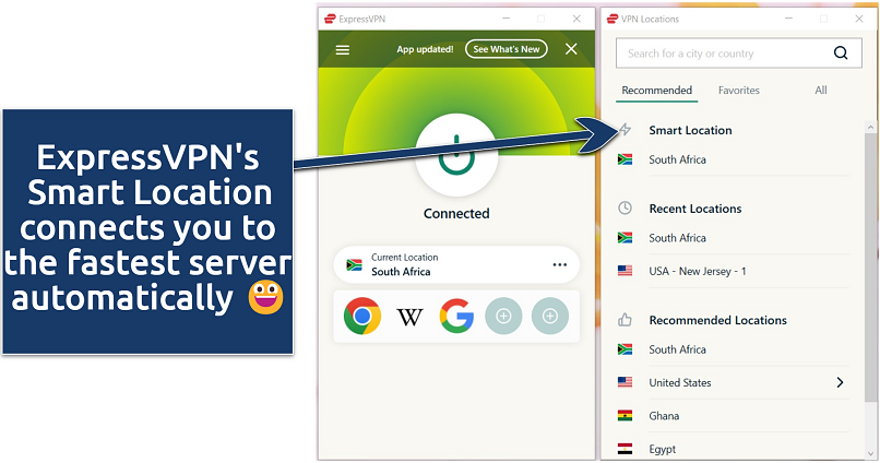 Screenshot showing ExpressVPN app connected to the Smart Location server