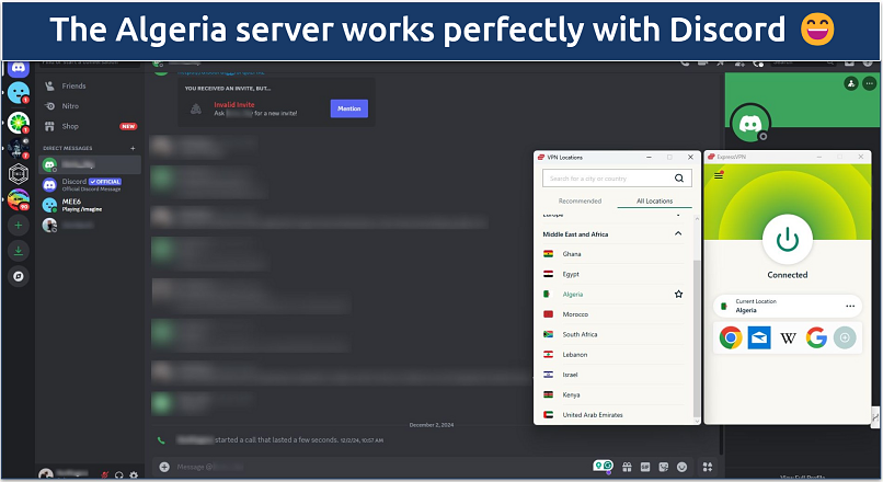 Screenshot showing ExpressVPN connected to an Algeria server with the Discord website in the background